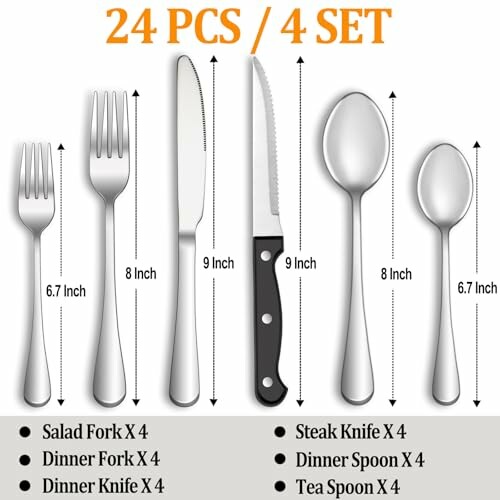 Diagram of a 24-piece cutlery set with sizes and types.