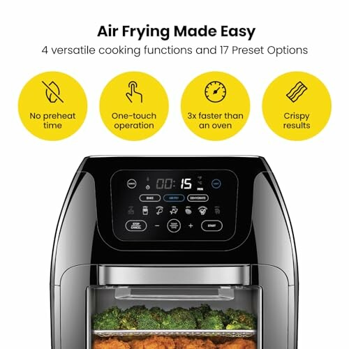 Air fryer with display and food inside, highlighting features like no preheat time and crispy results.