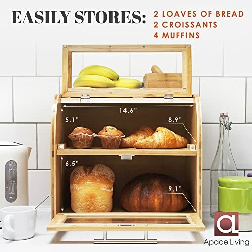 Bamboo bread box showing storage for bread, croissants, muffins, and bananas.