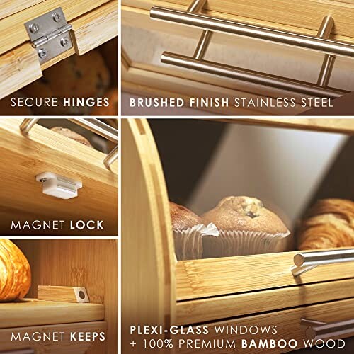Collage of bamboo bread box features including secure hinges, brushed stainless steel handles, magnet lock, and plexi-glass windows.