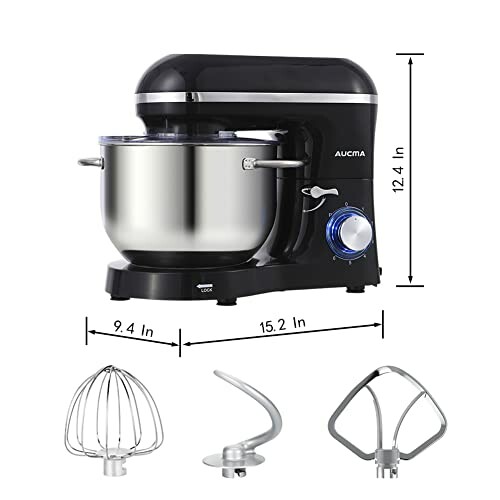 Black stand mixer with bowl and attachments for baking.