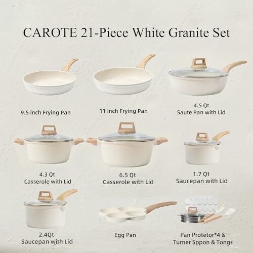 Carote 21-piece white granite cookware set with frying pans, saute pan, casseroles, saucepans, egg pan, and accessories.