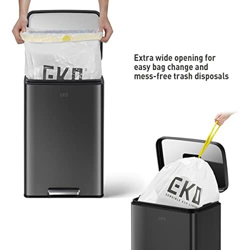 Hands changing a trash bag in an EKO trash can with extra wide opening.
