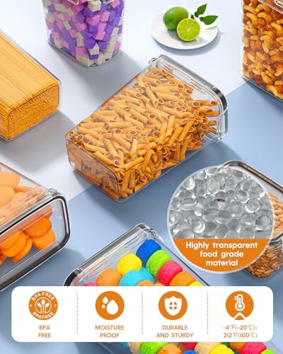 Various airtight food storage containers with pasta, snacks, and colorful items.