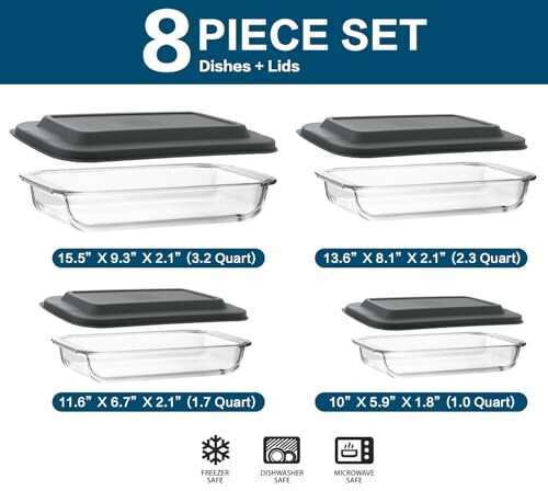 Eight-piece glass bakeware set with lids, various sizes.