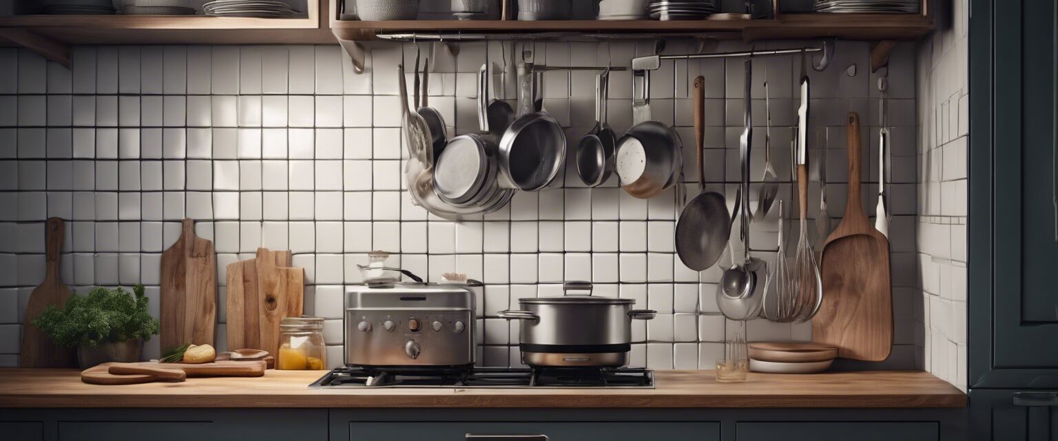 Kitchen utensils hanging on a rack