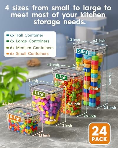 Set of 24 kitchen storage containers in 4 sizes with colorful contents.