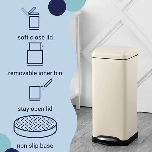 A modern trash can with soft close lid, removable inner bin, stay open lid, and non-slip base