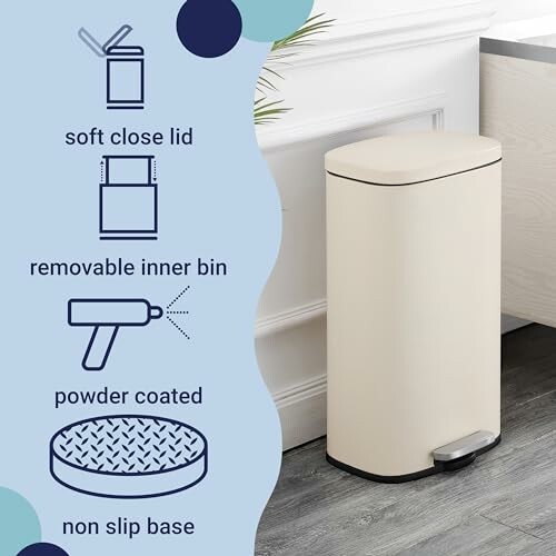 Features of a modern trash can with soft close lid, removable inner bin, powder coated, and non-slip base.