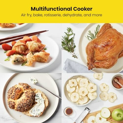 Multifunctional cooker meals including spring rolls, roasted chicken, bagel with cream cheese, and sliced bananas.