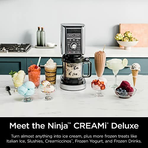 Ninja CREAMi Deluxe ice cream maker with various frozen treats on a kitchen counter