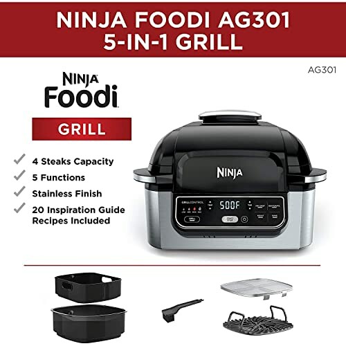 Ninja Foodi AG301 5-in-1 Grill with features and accessories.