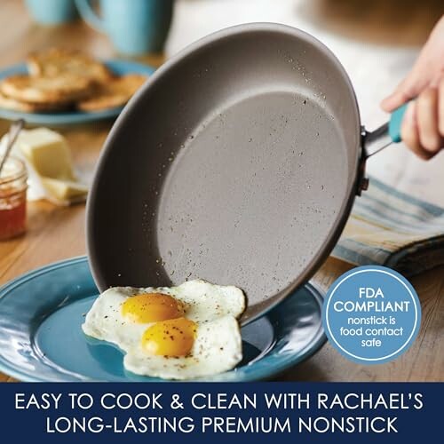 Nonstick frying pan with fried eggs, labeled FDA compliant.