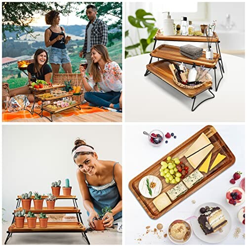 Collage of a picnic, tiered serving tray, plant display, and cheese board.