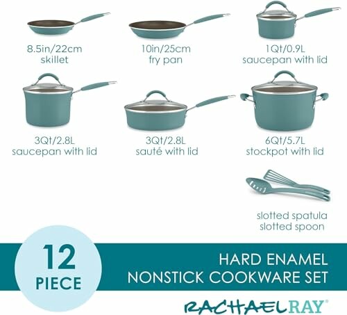 Rachael Ray 12-piece hard enamel nonstick cookware set with pots, pans, and utensils.