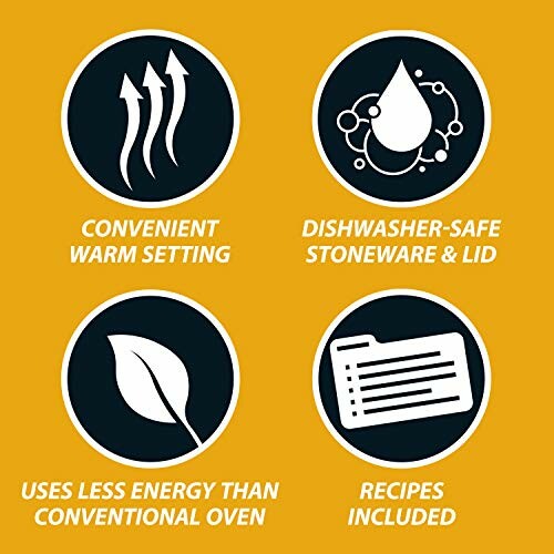 Icons showing slow cooker features: convenient warm setting, dishwasher-safe stoneware and lid, energy efficient, recipes included.