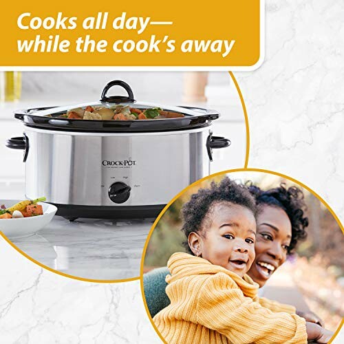 Slow cooker with food and smiling person holding a child