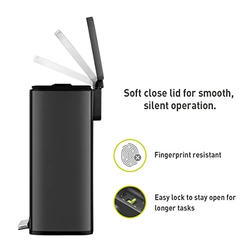 Black trash can with soft close lid and features like fingerprint resistance and easy lock.