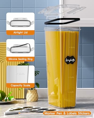 Tall spaghetti container with airtight lid and labels.