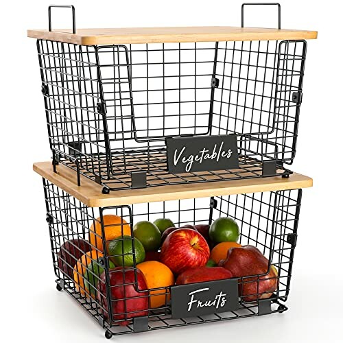 Stackable wire baskets with wooden tops labeled for fruits and vegetables.