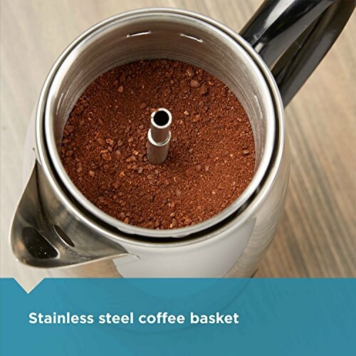 Stainless steel coffee basket filled with ground coffee