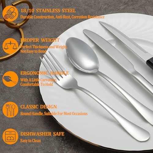 Stainless steel cutlery set with features highlighted.