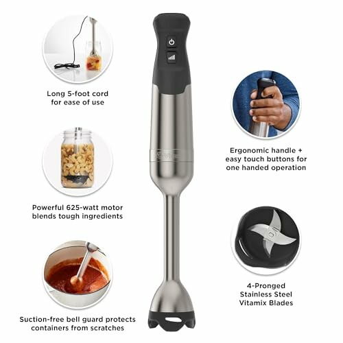 Stainless steel immersion blender with ergonomic handle and accessories