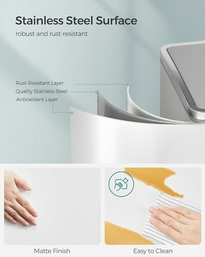 Illustration of a stainless steel surface highlighting rust-resistant layers, matte finish, and easy cleaning.
