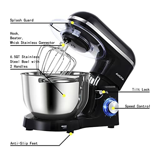 Black stand mixer with stainless steel bowl and attachments.