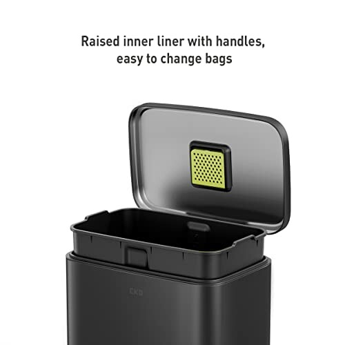 Open trash can with a raised inner liner and handles.