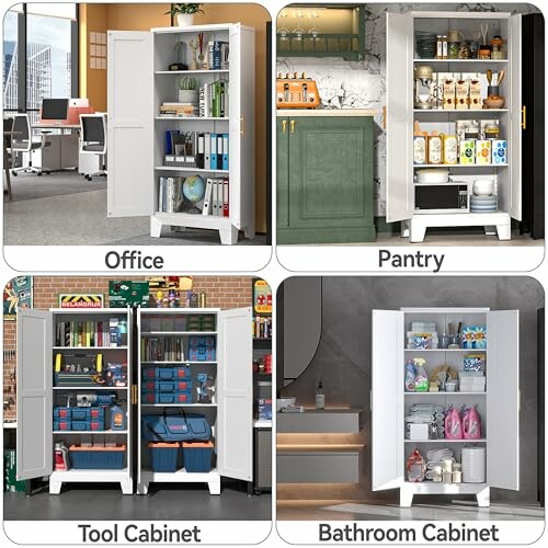 Four different storage cabinets for office, pantry, tools, and bathroom.