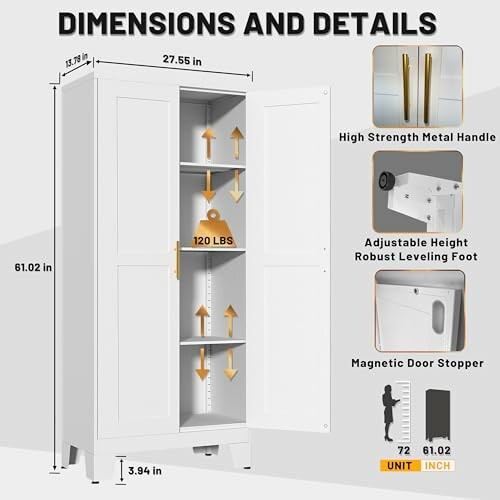 White storage cabinet with dimensions and features highlighted.