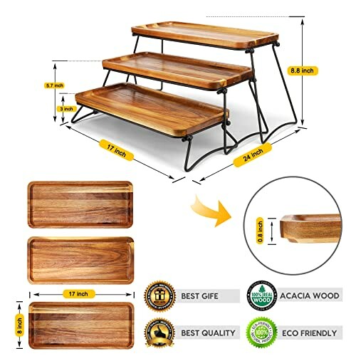 Three-tiered wooden serving tray set with metal frame and dimensions, featuring acacia wood.